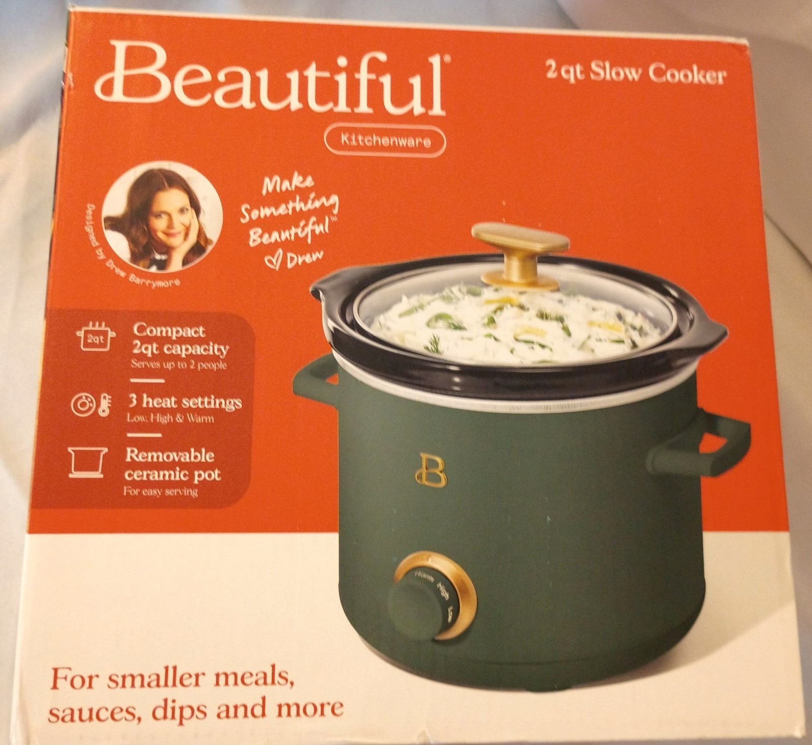 Beautiful Drew Barrymore 2 Quart Slow Cooker Thyme Green Gold Accents New in Box