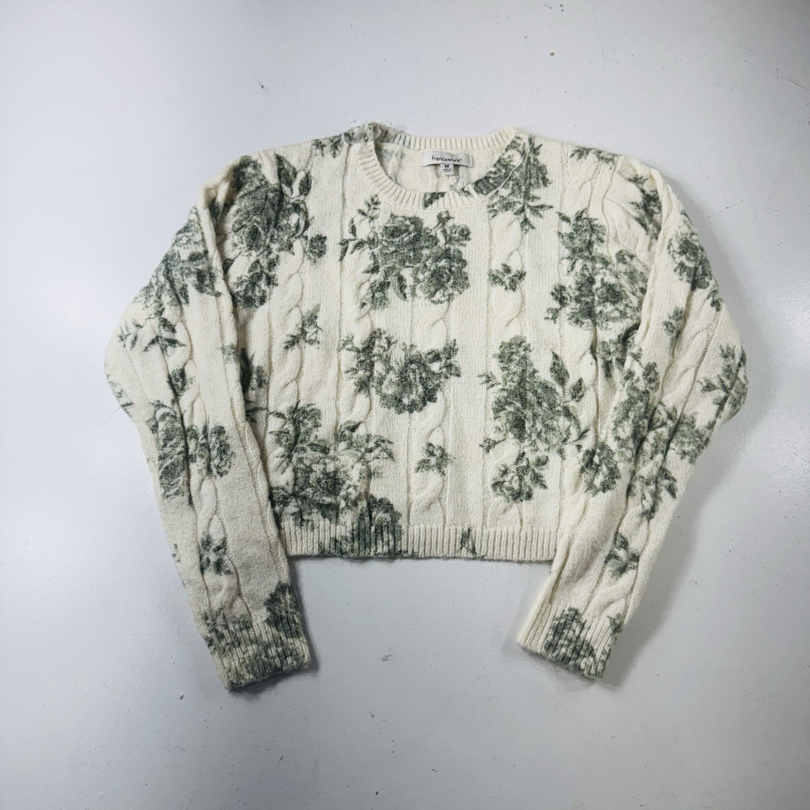 Francesca\'s Ivory Green Floral Cable-Knit Pullover Sweater Crew Neck Medium