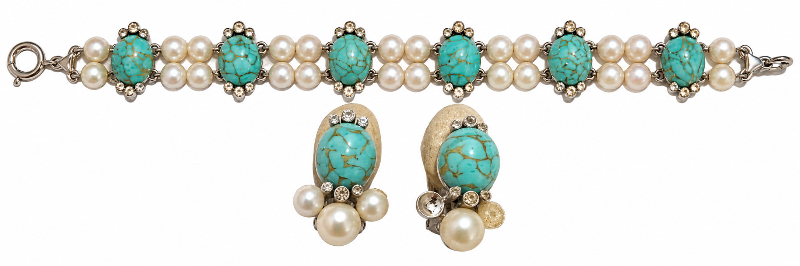 Vintage Pennino Bracelet & Signed Clip Earrings Faux Pearl Turquoise Glass Set Vintage Pennino Bracelet & Signed Clip Earrings Faux Pearl Turquoise Glass Set