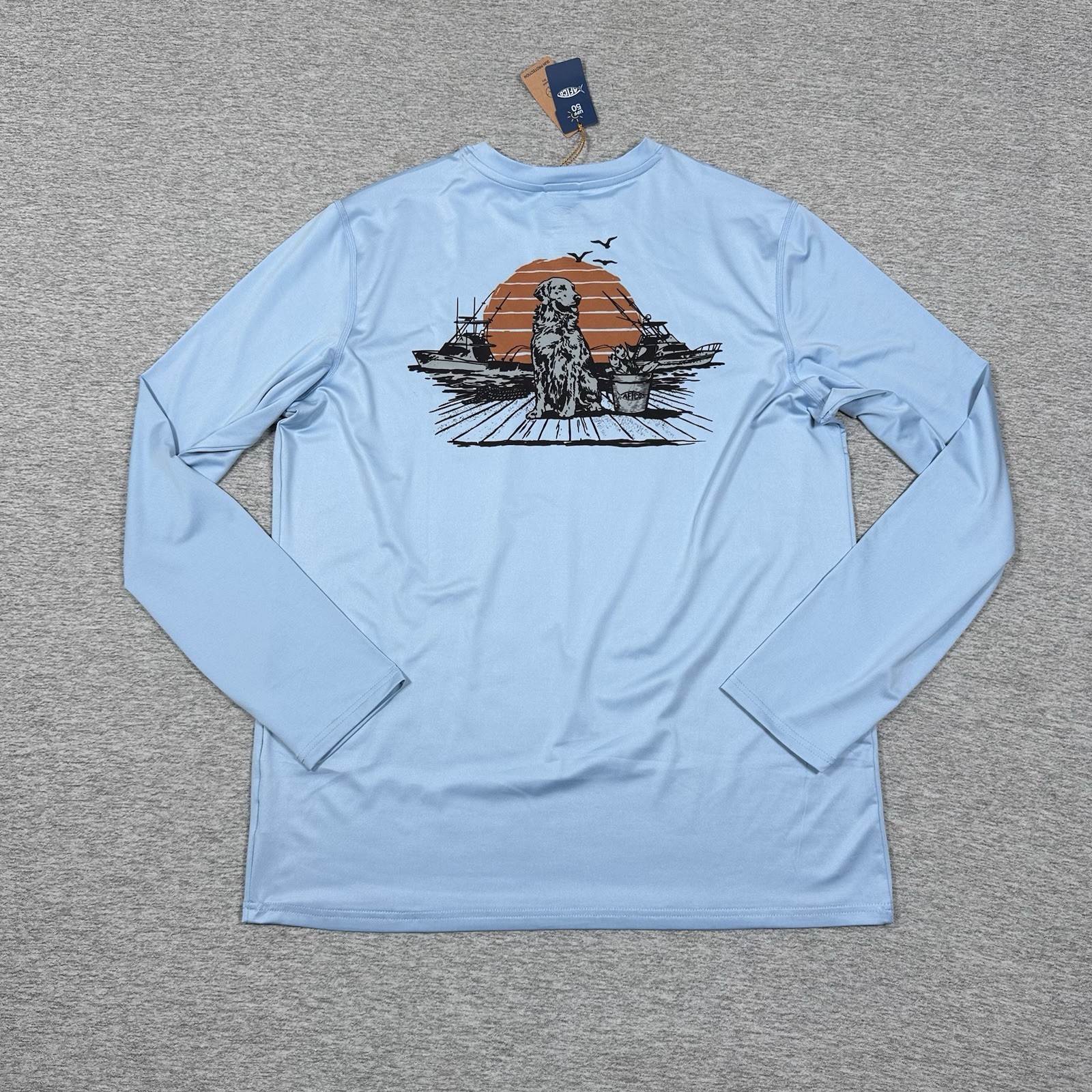 AFTCO Shirt Mens Large Blue Bucket Dog UVX Long Sleeve Outdoor Fishing NEW AFTCO Shirt Mens Large Blue Bucket Dog UVX Long Sleeve Outdoor Fishing NEW