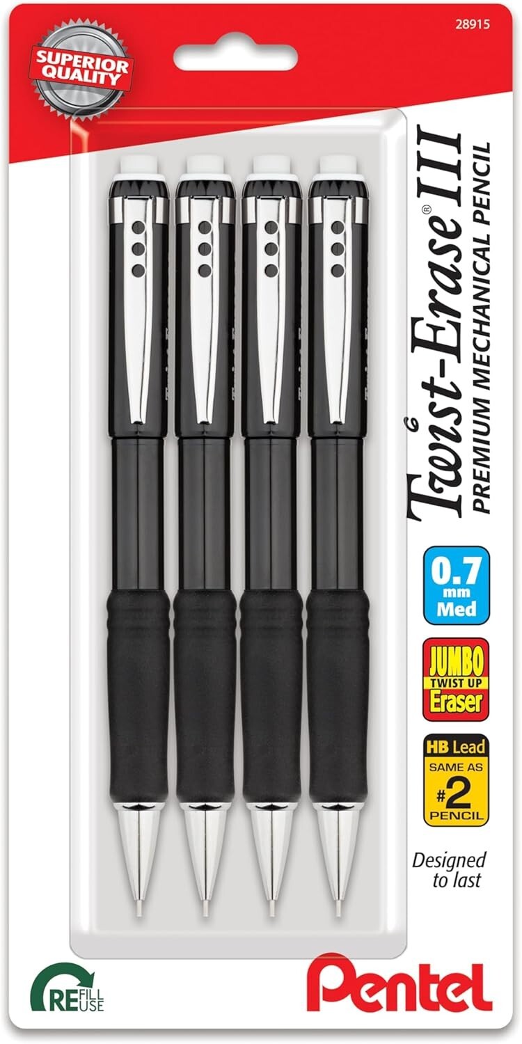 Pentel Twist-Erase III Mechanical Pencil, (0.7mm), Black Barrel, Pack of 4 Pentel Twist-Erase III Mechanical Pencil, (0.7mm), Black Barrel, Pack of 4