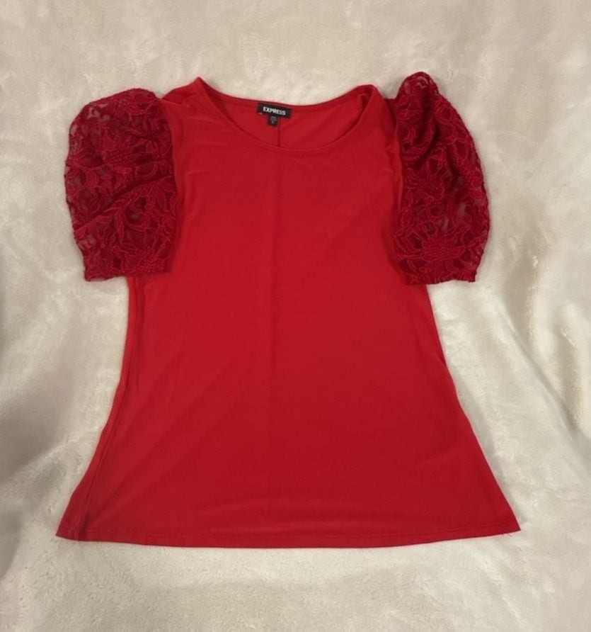 Express Lace Puff Sleeve Top Size S Red Crew Neck Blouse Express Lace Puff Sleeve Top Size S Red Crew Neck Blouse