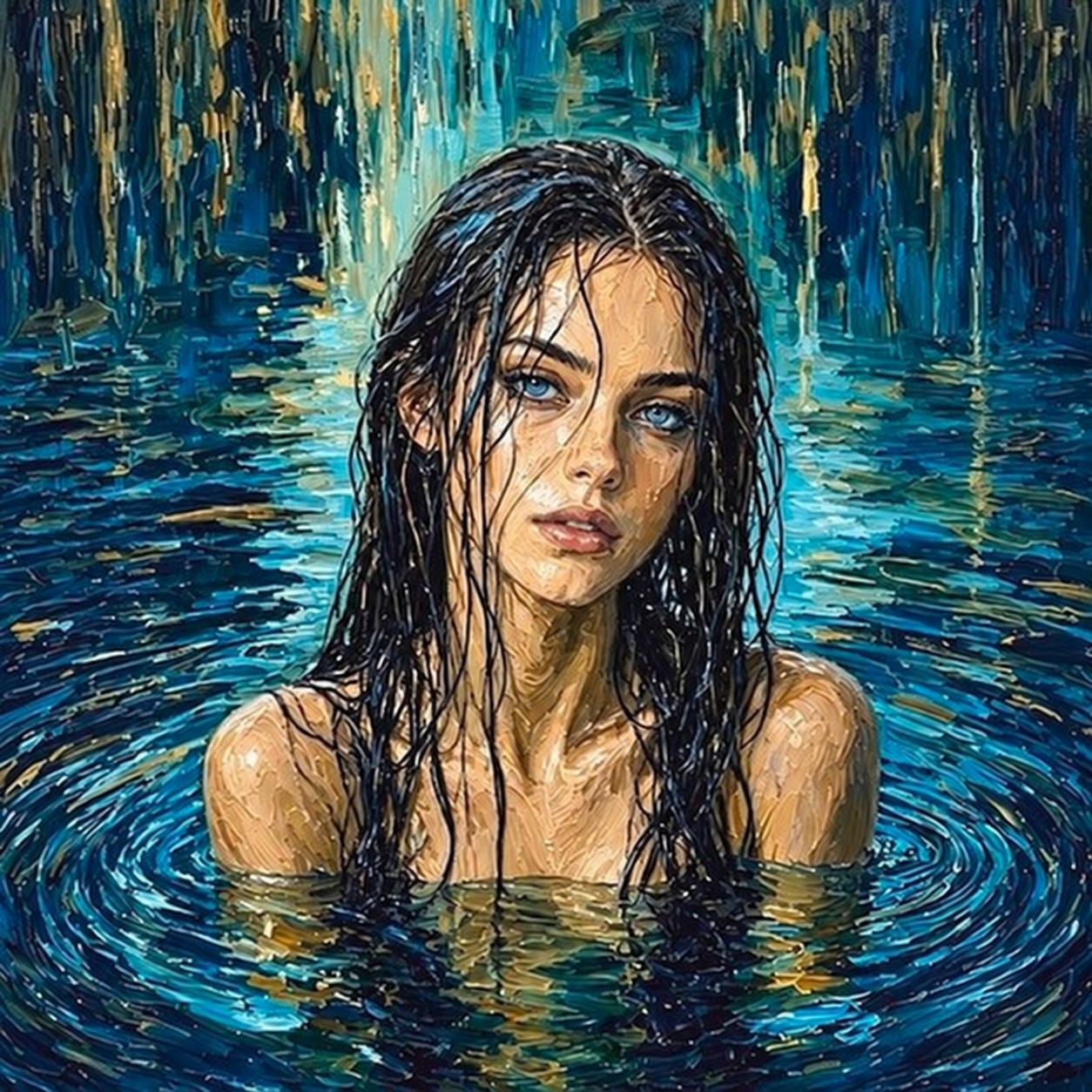 Original Hand Painted Woman in Water Portrait Painting 20x20, Blue Canvas Wall A