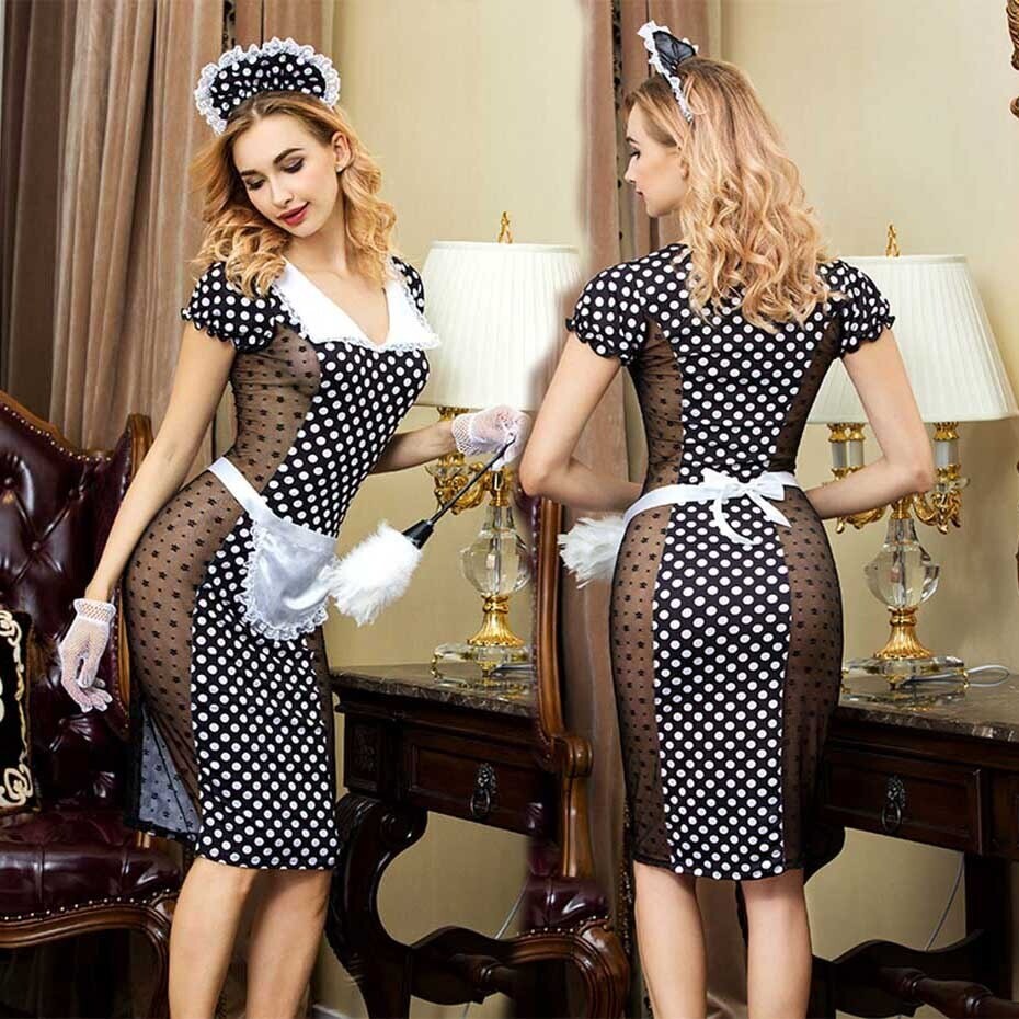 Women Sexy Maid Cosplay Lingerie Set Lace Dress Home Servant Role Play Sleepwear