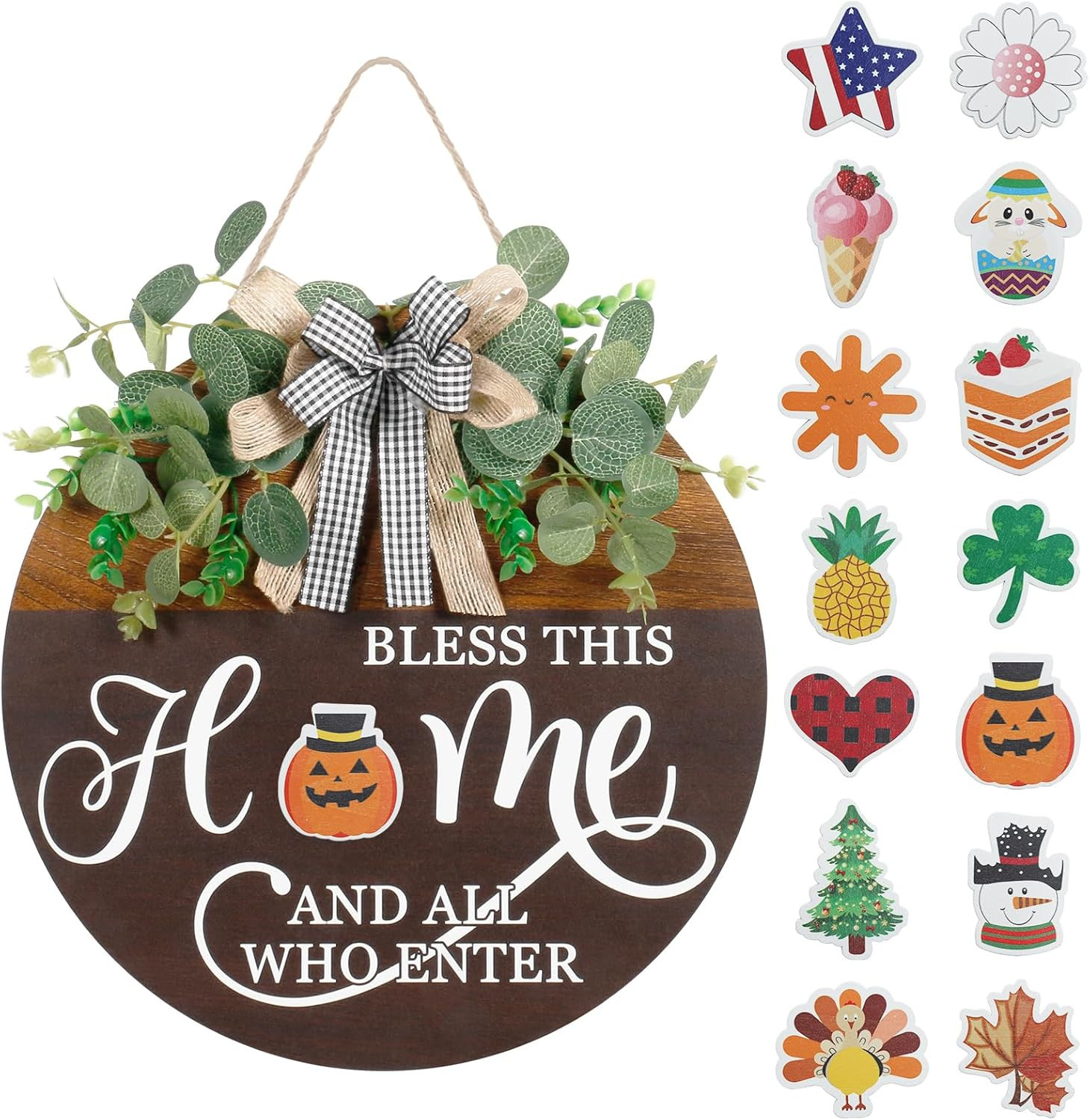 Interchangeable Seasonal Welcome Sign for Front Door, Rustic round Wood Wreath W Interchangeable Seasonal Welcome Sign for Front Door, Rustic round Wood Wreath W