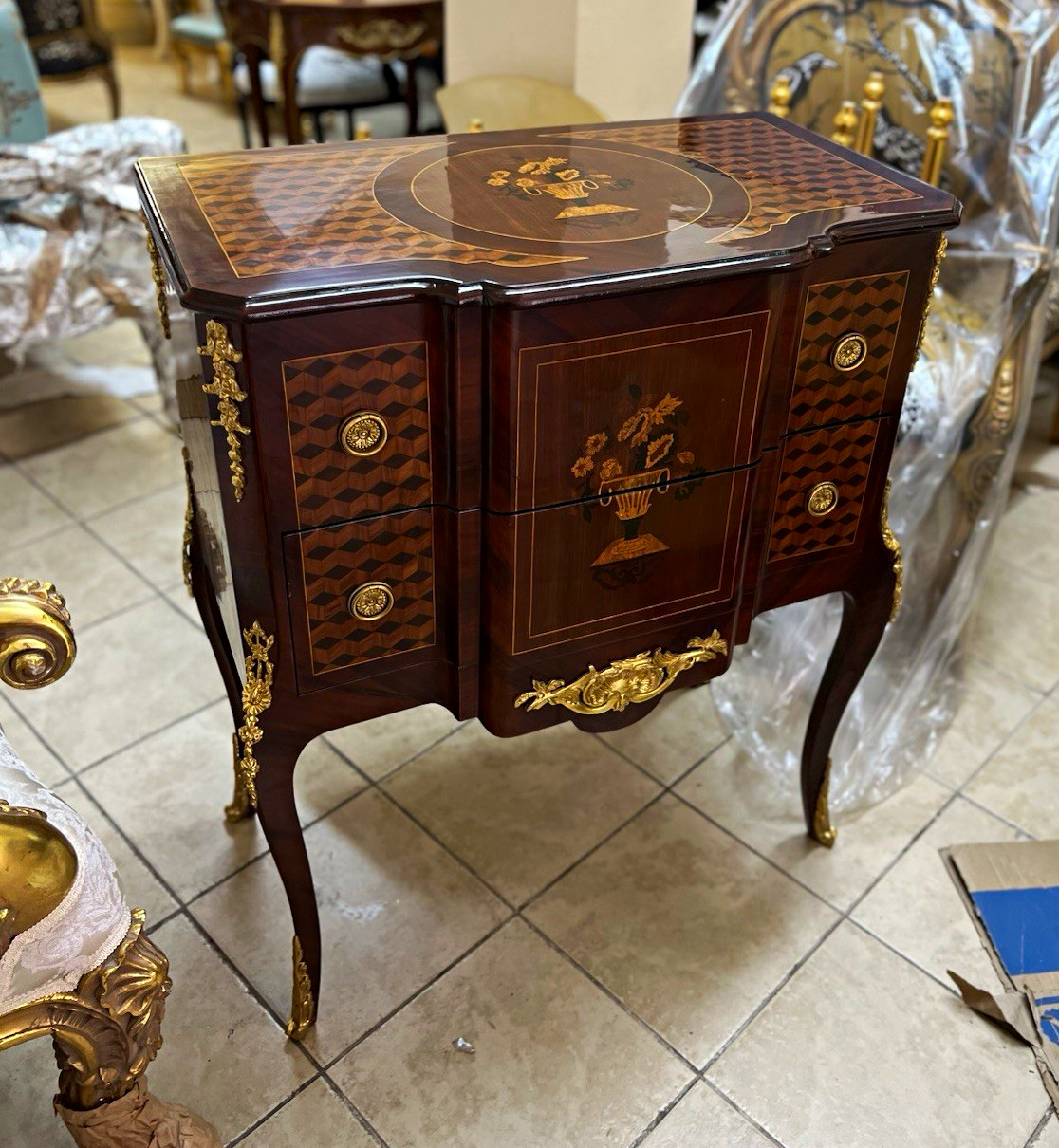 Inlaid Wood Cabinet w/ Hinged Lift-Top, 3 Drawers, Brass Knobs, Floral