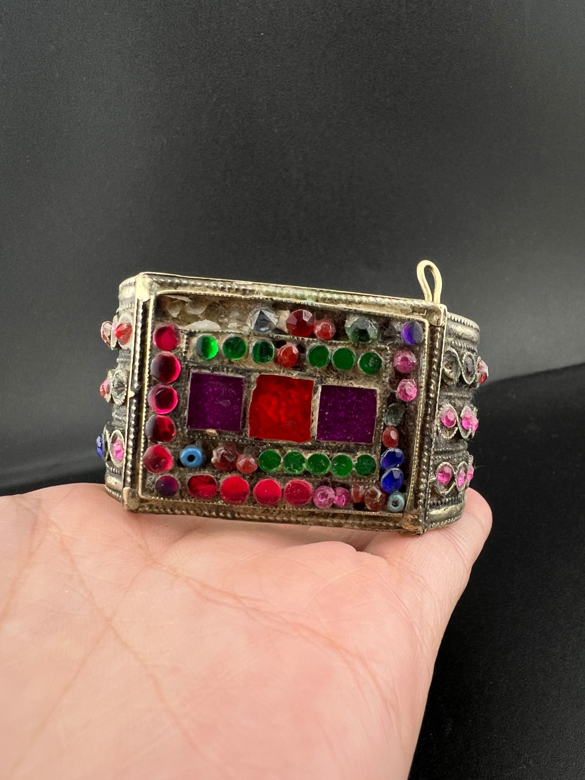 Vintage Kuchi Tribal White Metal Cuff Bracelet Boho Mosaic Glass Inlay