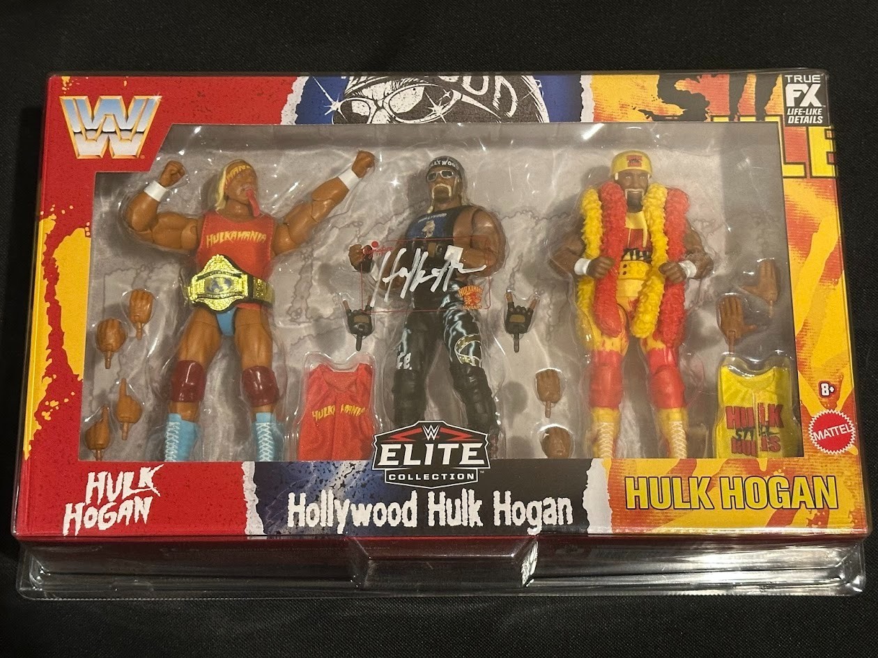 WWE Hulk Hogan signed 3 pack Autograph Elite Hulkamania 40th Anniversary Figure WWE Hulk Hogan signed 3 pack Autograph Elite Hulkamania 40th Anniversary Figure