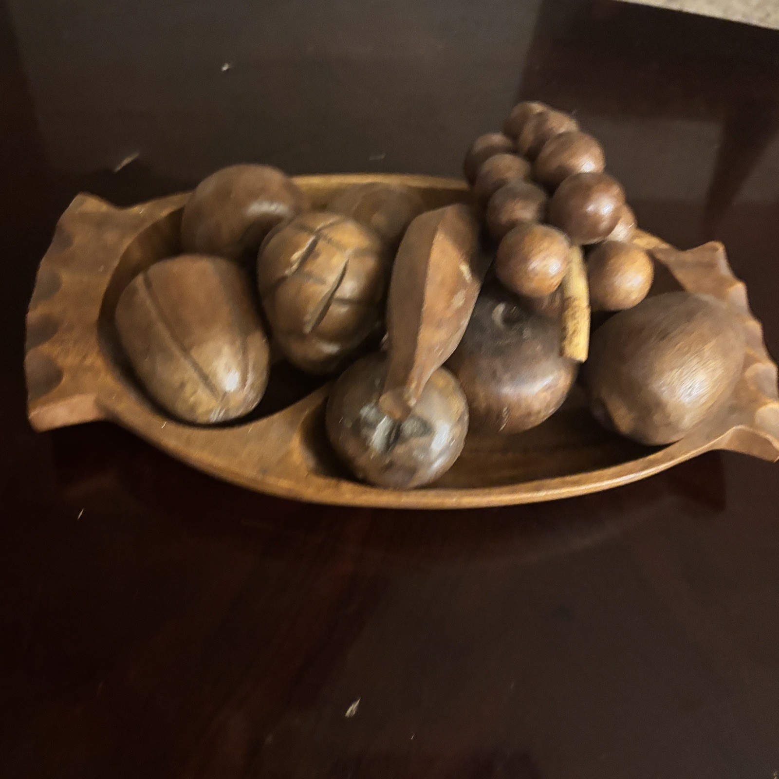 Vintage Mid Century Handcrafted Wooden Fruit & Bowl 12 Pieces Art Grapes Banana Vintage Mid Century Handcrafted Wooden Fruit & Bowl 12 Pieces Art Grapes Banana