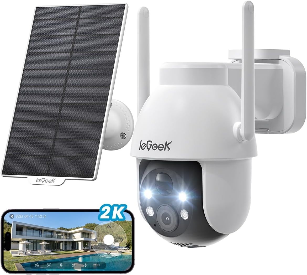 ieGeek 2K Wireless Outdoor Solar Security Camera WiFi Home Battery CCTV System