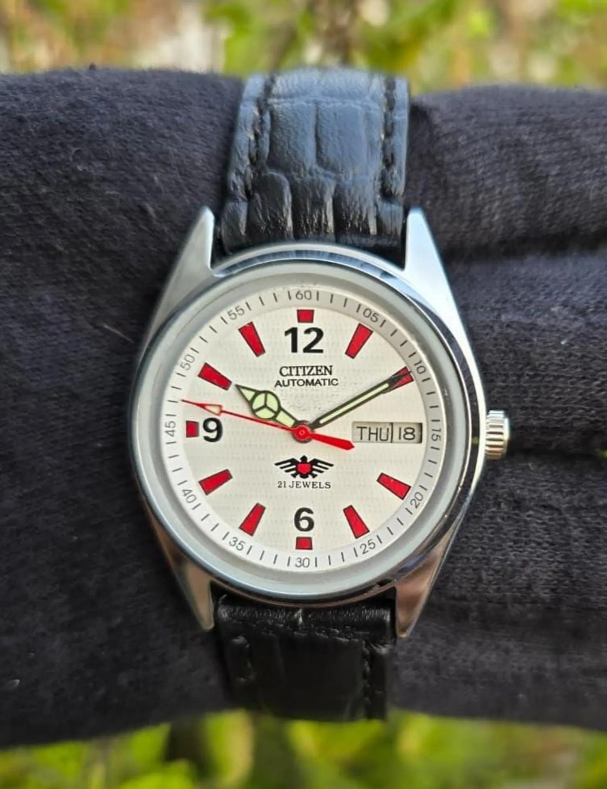 Vintage Citizen Automatic Exhibition Back Men Steel Day Date 21 Jewel White Dial