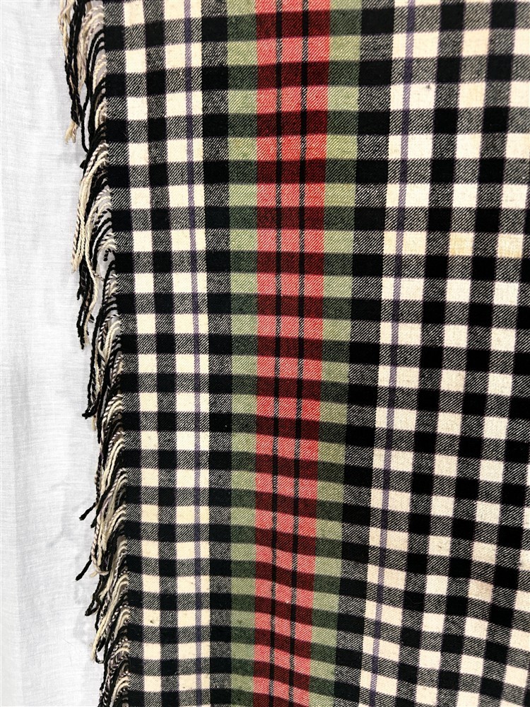 antique wool shawl black white check red 58x58 hand made original rare mid 19thc