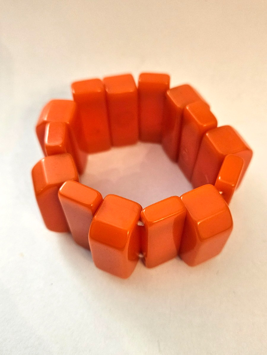 Vtg 1960s Simichrome Tested Orange Bakelite Block Stretch Bracelet Chunky Funky Vtg 1960s Simichrome Tested Orange Bakelite Block Stretch Bracelet Chunky Funky