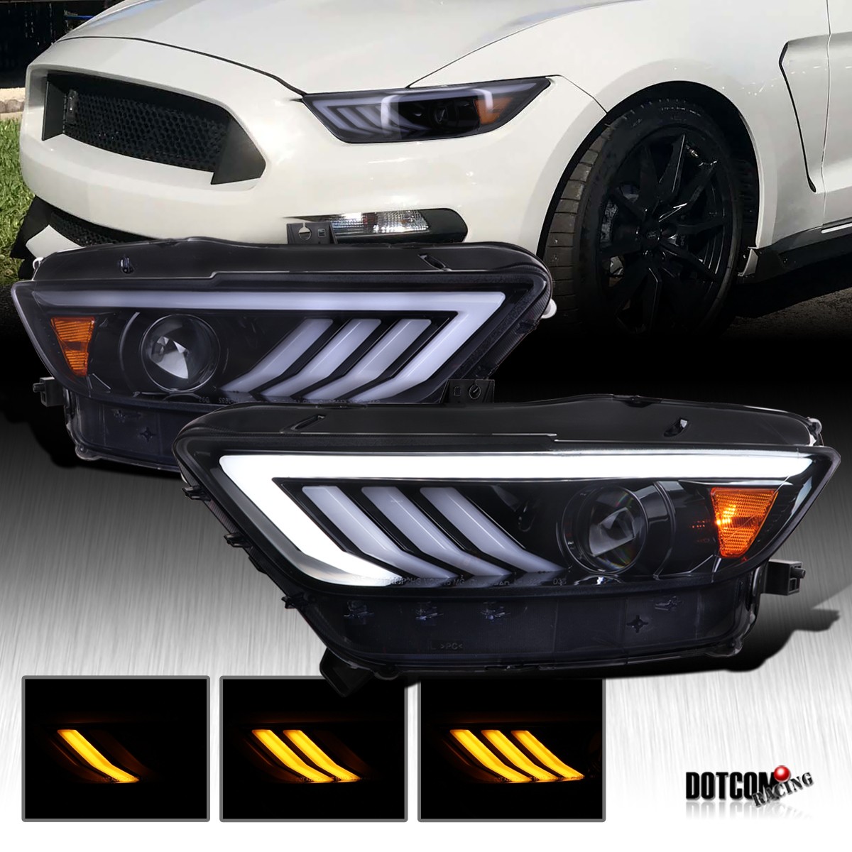 Fit 2015-2017 Ford Mustang Black Smoke Projector Headlights Sequential LED Bar Fit 2015-2017 Ford Mustang Black Smoke Projector Headlights Sequential LED Bar
