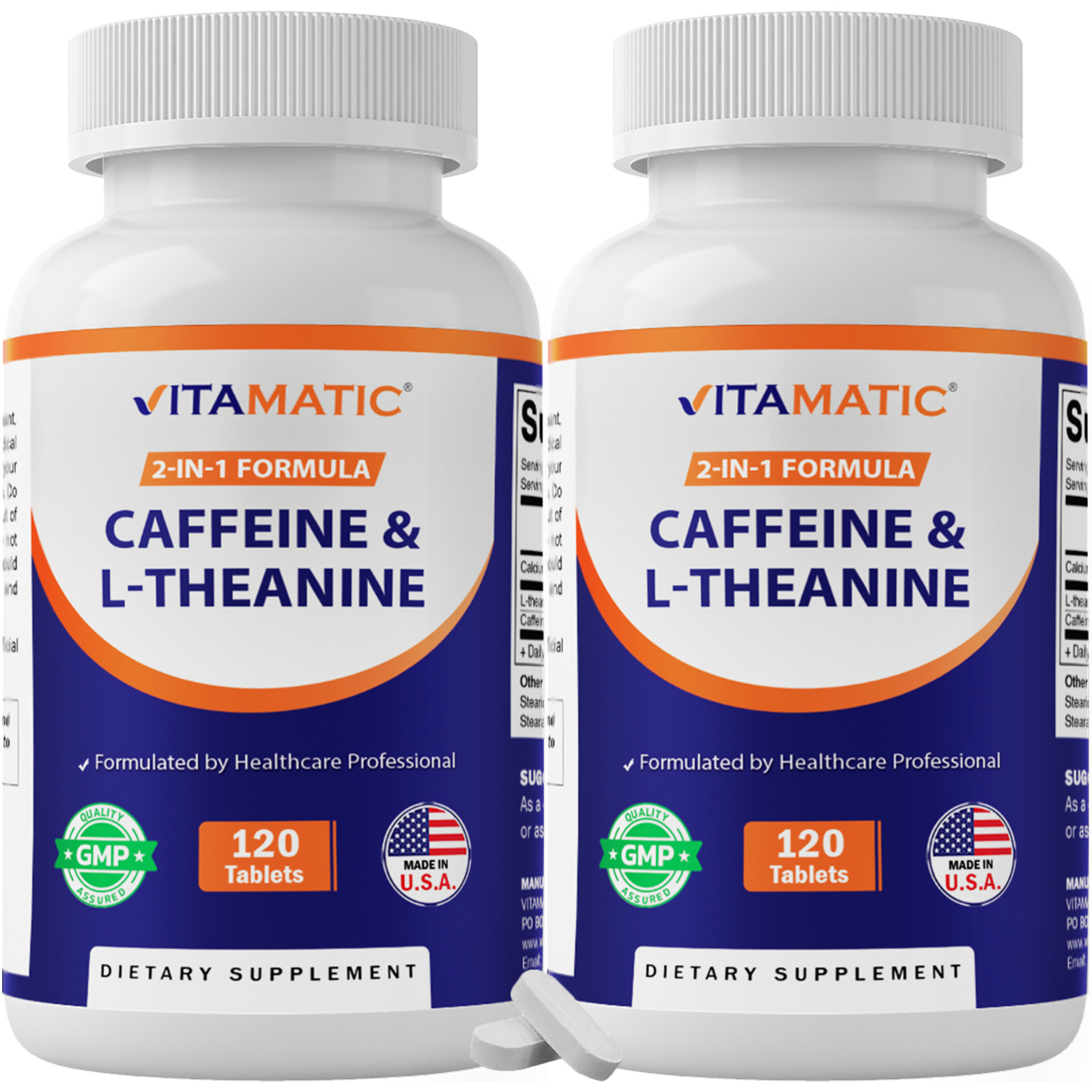 2 Packs Vitamatic Caffeine Pills with L-Theanine-300 mg per Tablet - 120 Tablets