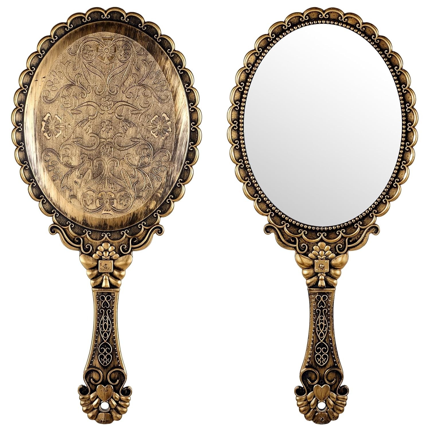 Antique Gold Vintage Handheld Makeup Mirror with Elegant Handle Vanity Stand