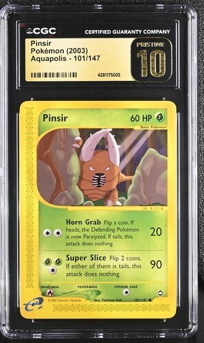 LOW POP 2003 CGC 10 Pristine Pinsir 101/147 Aquapolis Pokemon Card LOW POP 2003 CGC 10 Pristine Pinsir 101/147 Aquapolis Pokemon Card