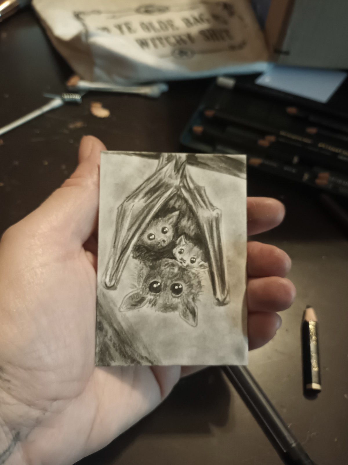 ACEO Original Mini Drawing Bat And Babies Halloween Decor Artwork Cute Fun Art ACEO Original Mini Drawing Bat And Babies Halloween Decor Artwork Cute Fun Art