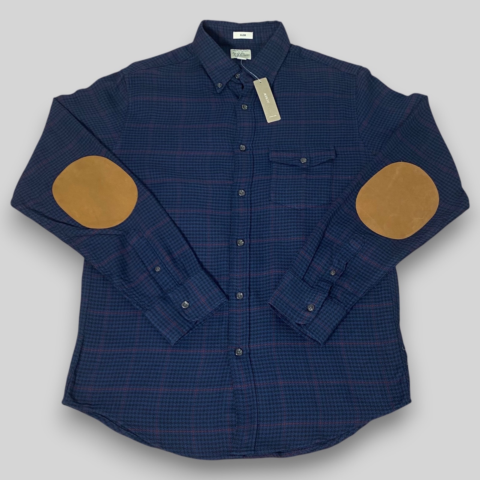 J.Crew Slim Fit Men\'s M Navy Plaid Wool Blend Button Up Shirt Elbow Patches J.Crew Slim Fit Men\'s M Navy Plaid Wool Blend Button Up Shirt Elbow Patches