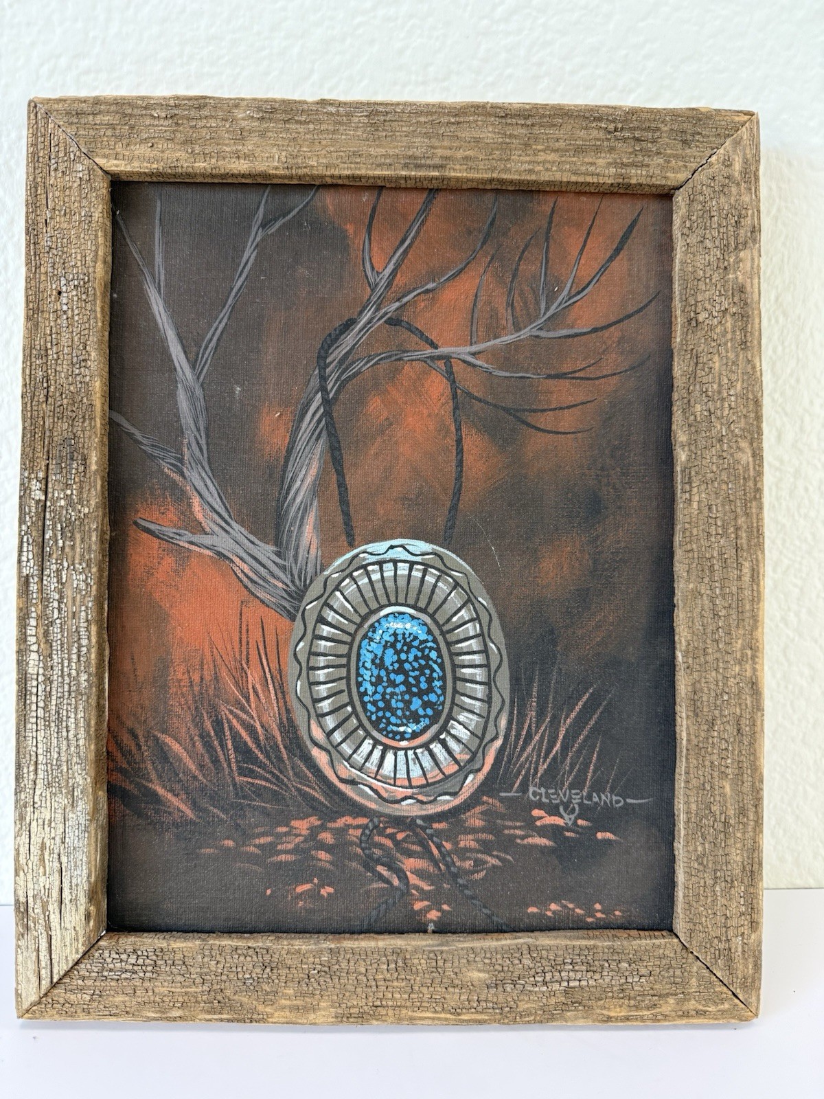 Fred Cleveland Signed Southwestern Bolo Painting Turquoise Desert Rustic Framed Fred Cleveland Signed Southwestern Bolo Painting Turquoise Desert Rustic Framed