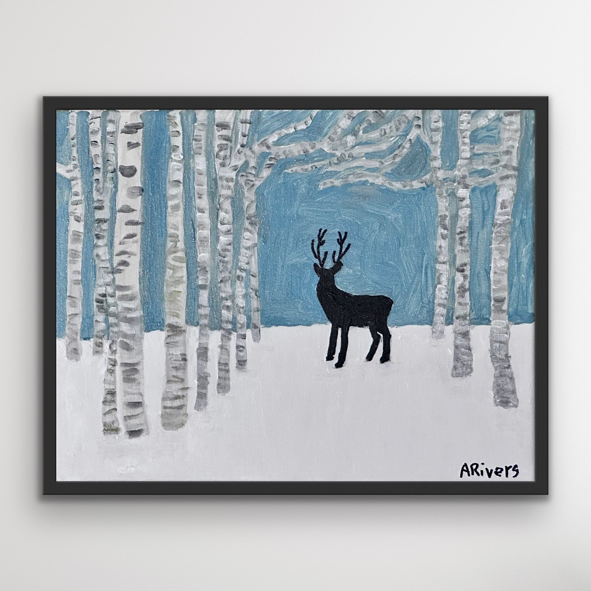 ARivers Modern Art Landscape With Deer Painting 14x11 Signed Canvas Original