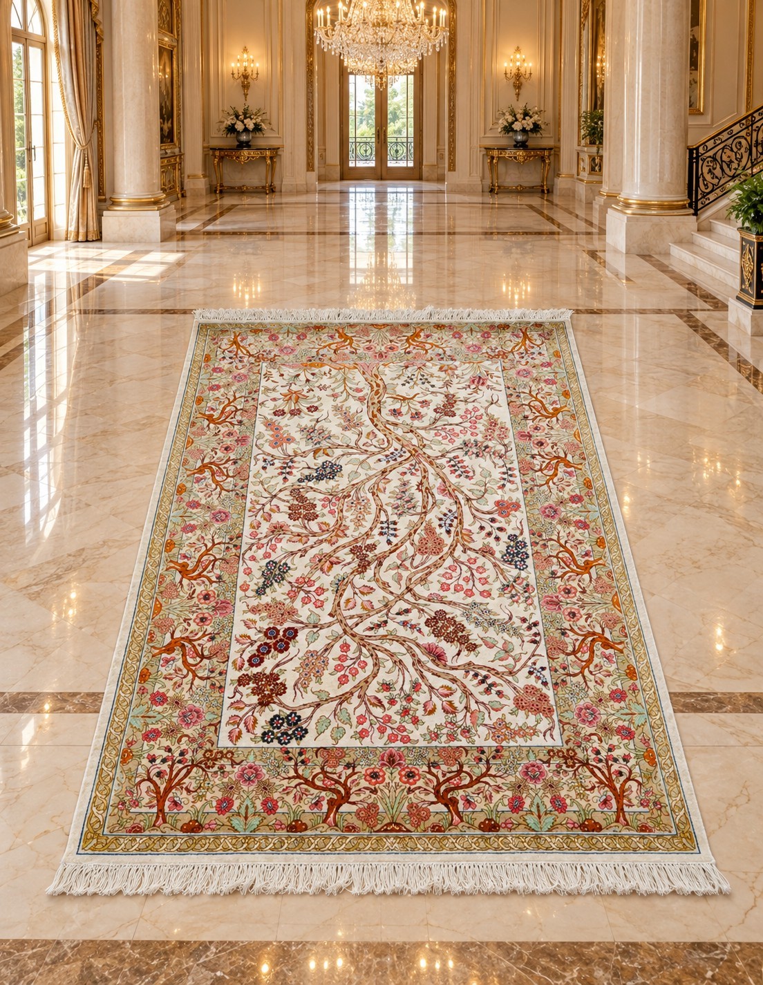 Handmade Persian Silk Tree of Life Floral Area Rug Ivory one of the kind