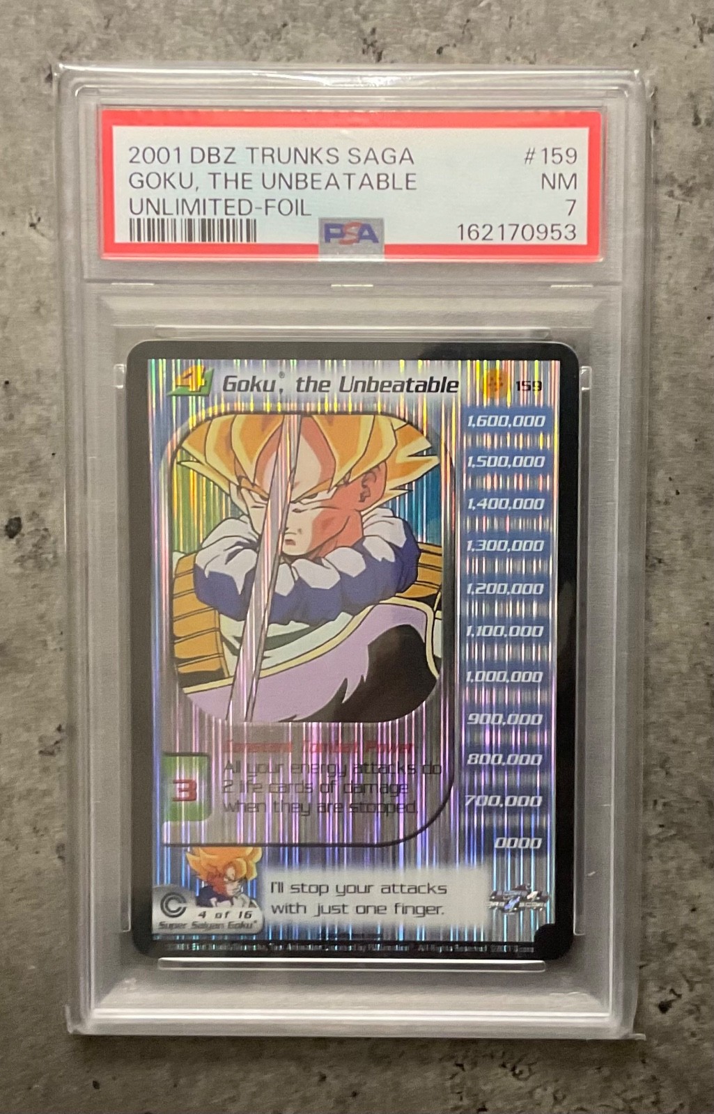 Score 2001 DBZ Trunks Saga Goku, the Unbeatable #159 Unlimited-Foil PSA 7 Score 2001 DBZ Trunks Saga Goku, the Unbeatable #159 Unlimited-Foil PSA 7