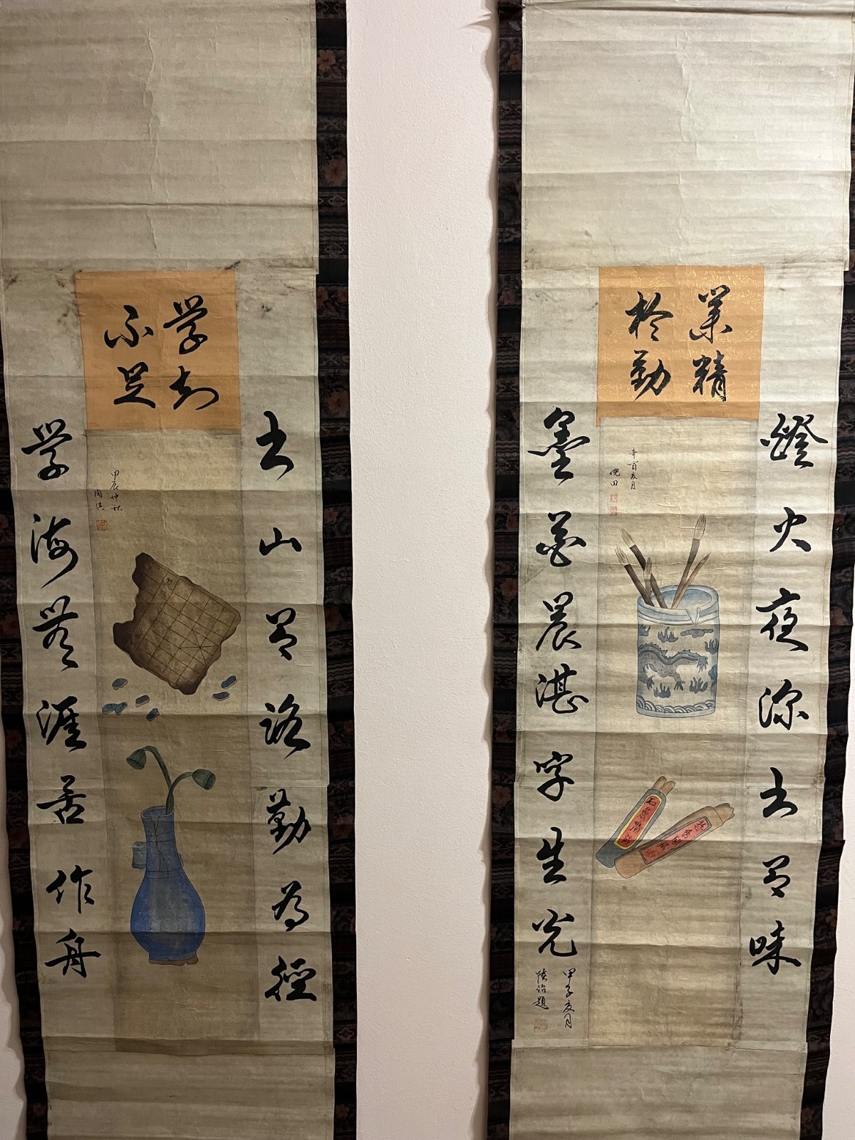 Antique Chinese Hanging Scroll Pair Calligraphy Scholar Objects Hand Painted Antique Chinese Hanging Scroll Pair Calligraphy Scholar Objects Hand Painted