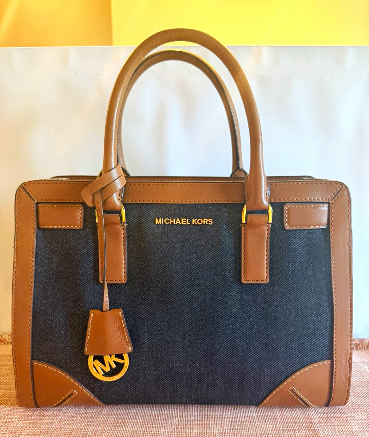 Michael Kors Blue/Brown Logo Satchel Top Handle Zip Gold Hardware Charm