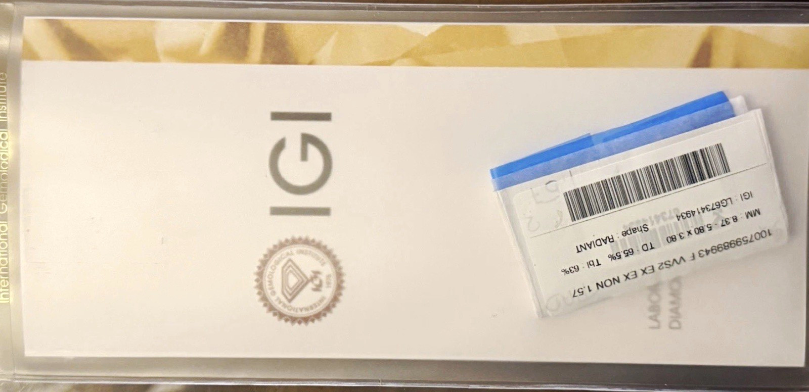 IGI Certified Lab Grown Radiant Diamond 1.57ct F VVS2 Ex 8.37x5.80mm IGI Certified Lab Grown Radiant Diamond 1.57ct F VVS2 Ex 8.37x5.80mm