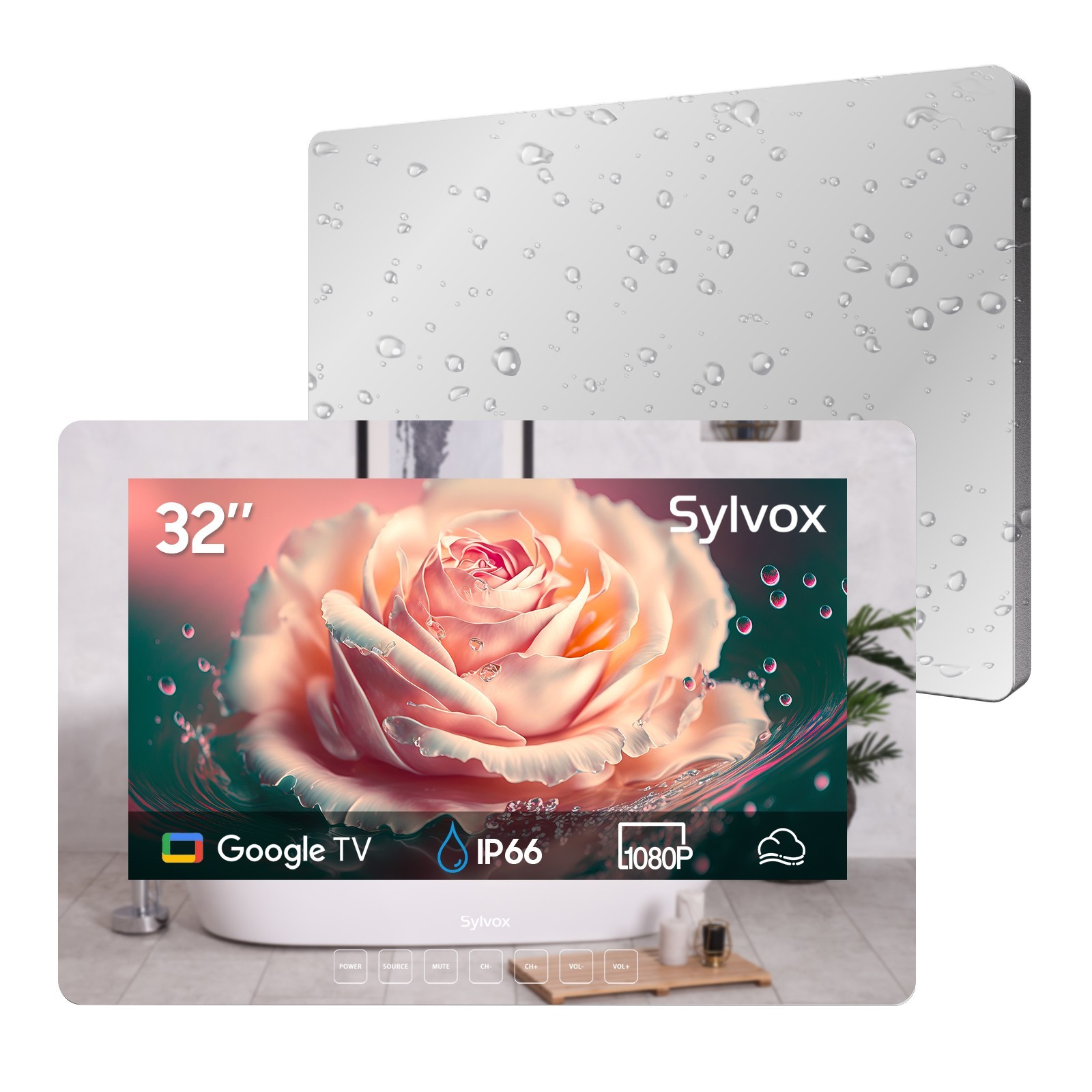 Sylvox 32in Bathroom Smart Google TV Mirror TV LED IP66 Waterproof 1080P 500nits
