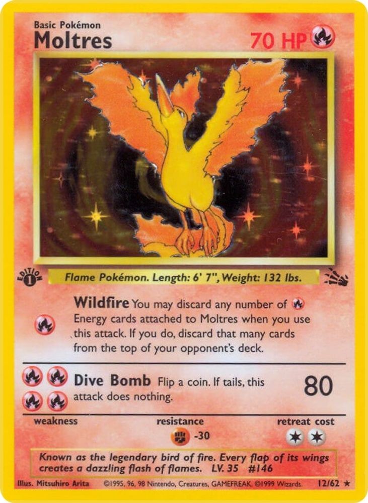 1999 PKM: FO - Moltres (12) (#12/62, 1st Edition Holofoil, Holo Rare, LP) 1999 PKM: FO - Moltres (12) (#12/62, 1st Edition Holofoil, Holo Rare, LP)