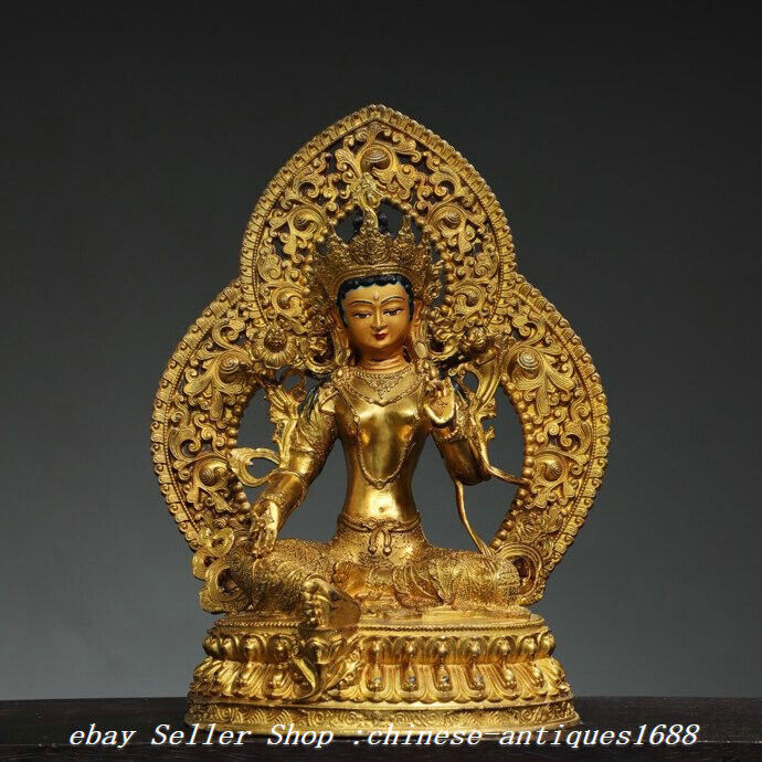 13.3\'\' Old Tibet Bronze Gilt Green Tara Mahayana Buddhism Goddess Buddha Statue 13.3\'\' Old Tibet Bronze Gilt Green Tara Mahayana Buddhism Goddess Buddha Statue