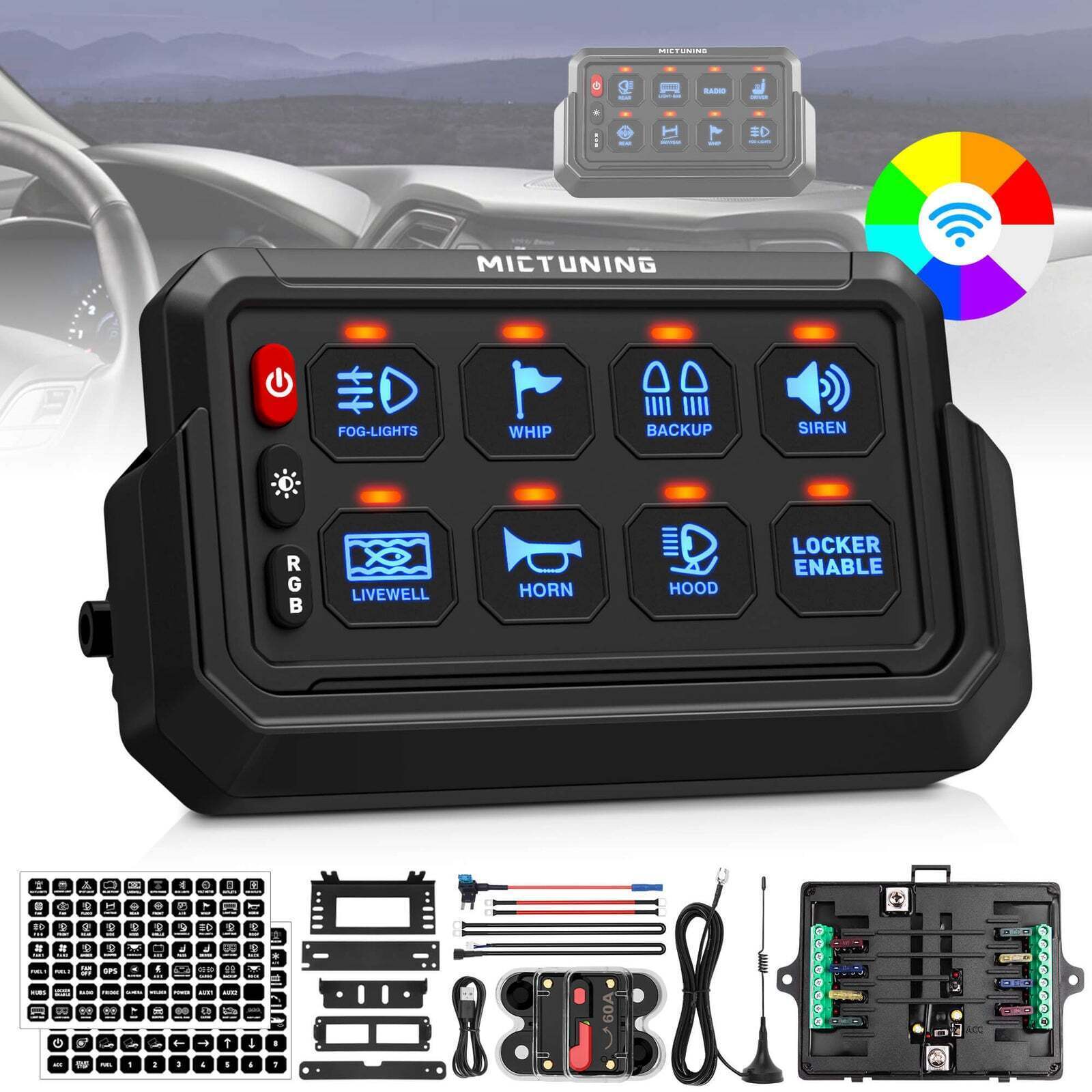 MICTUNING Wireless RGB 8 Gang Switch Panel 12V LED Circuit Control Box Marine