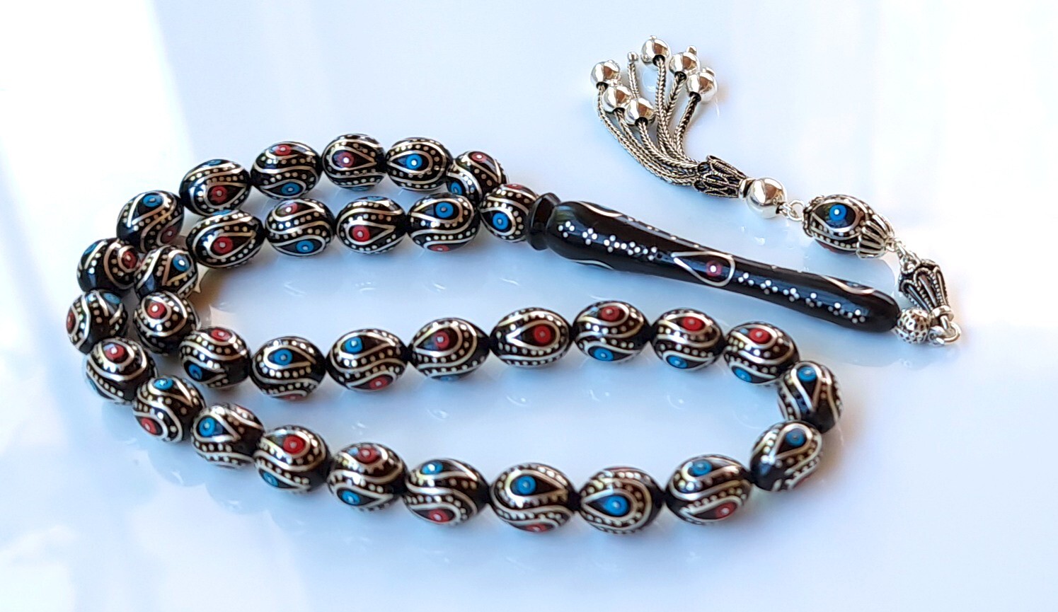 Original Erzurum Oltu, Turquoise, Red Coral and 1000K Silver Inlay Prayer Beads