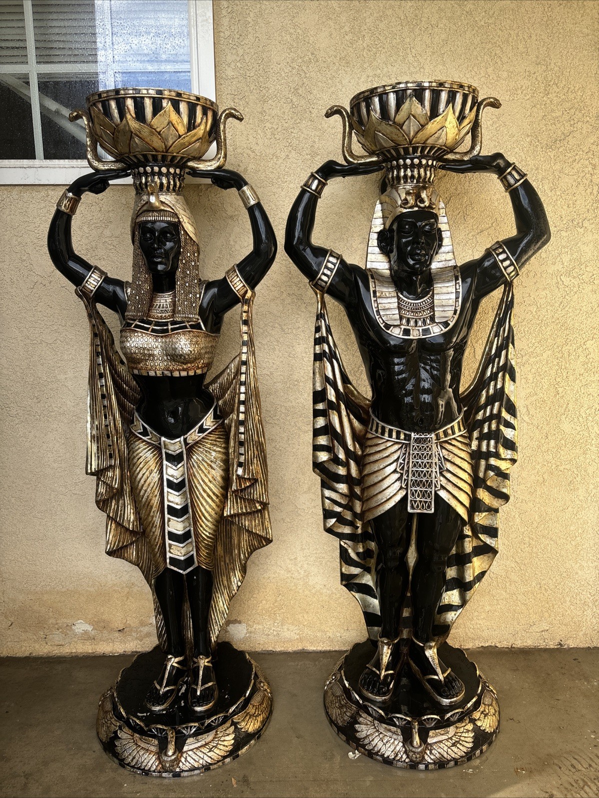 Egyptian Statue Cleopatra Nubian Maiden & Guard Set 6ft Tall Fiberglass Planter Egyptian Statue Cleopatra Nubian Maiden & Guard Set 6ft Tall Fiberglass Planter