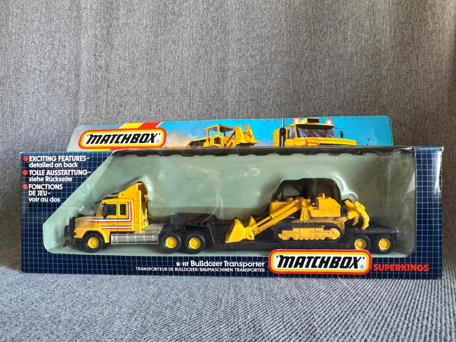 Vintage 1987 Matchbox Super Kings K-117 Bulldozer Transporter Scania Truck Boxed Vintage 1987 Matchbox Super Kings K-117 Bulldozer Transporter Scania Truck Boxed
