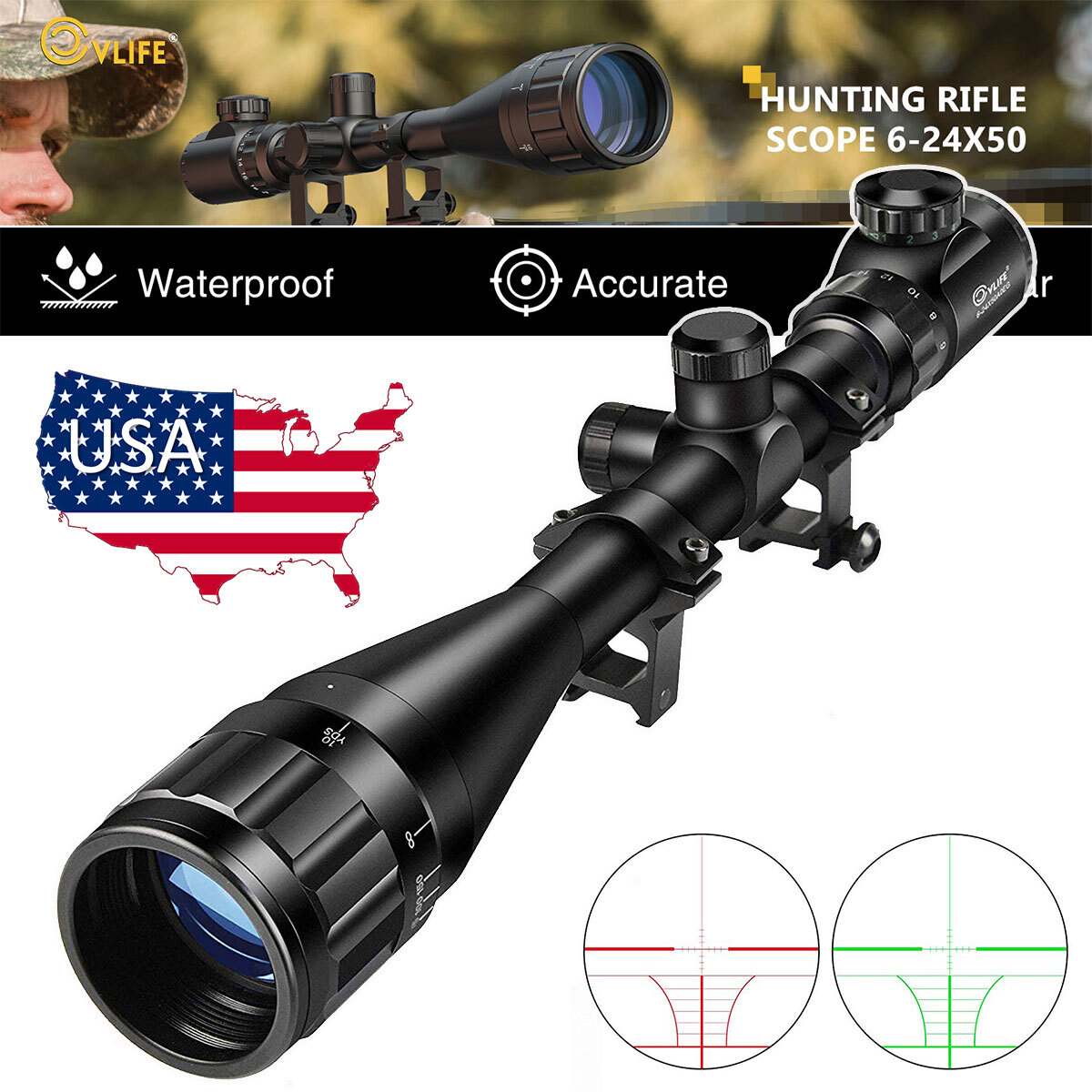 CVLIFE Rifle Scope 6-24x50 AOE Red & Green Illuminated Gun Scope w/ Free Mounts