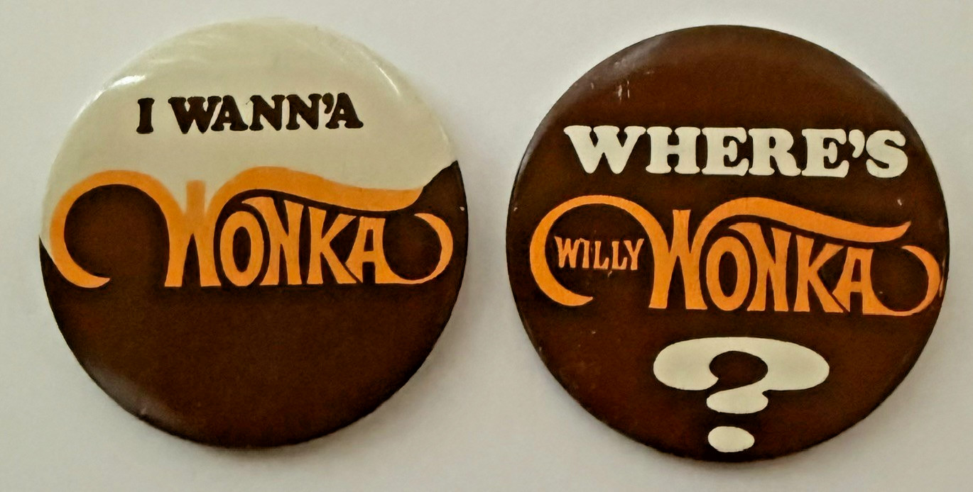 BIG VINTAGE 1970\'s Willy Wonka Chocolate Factory CANDY BAR Promo PINBACK BUTTONS BIG VINTAGE 1970\'s Willy Wonka Chocolate Factory CANDY BAR Promo PINBACK BUTTONS