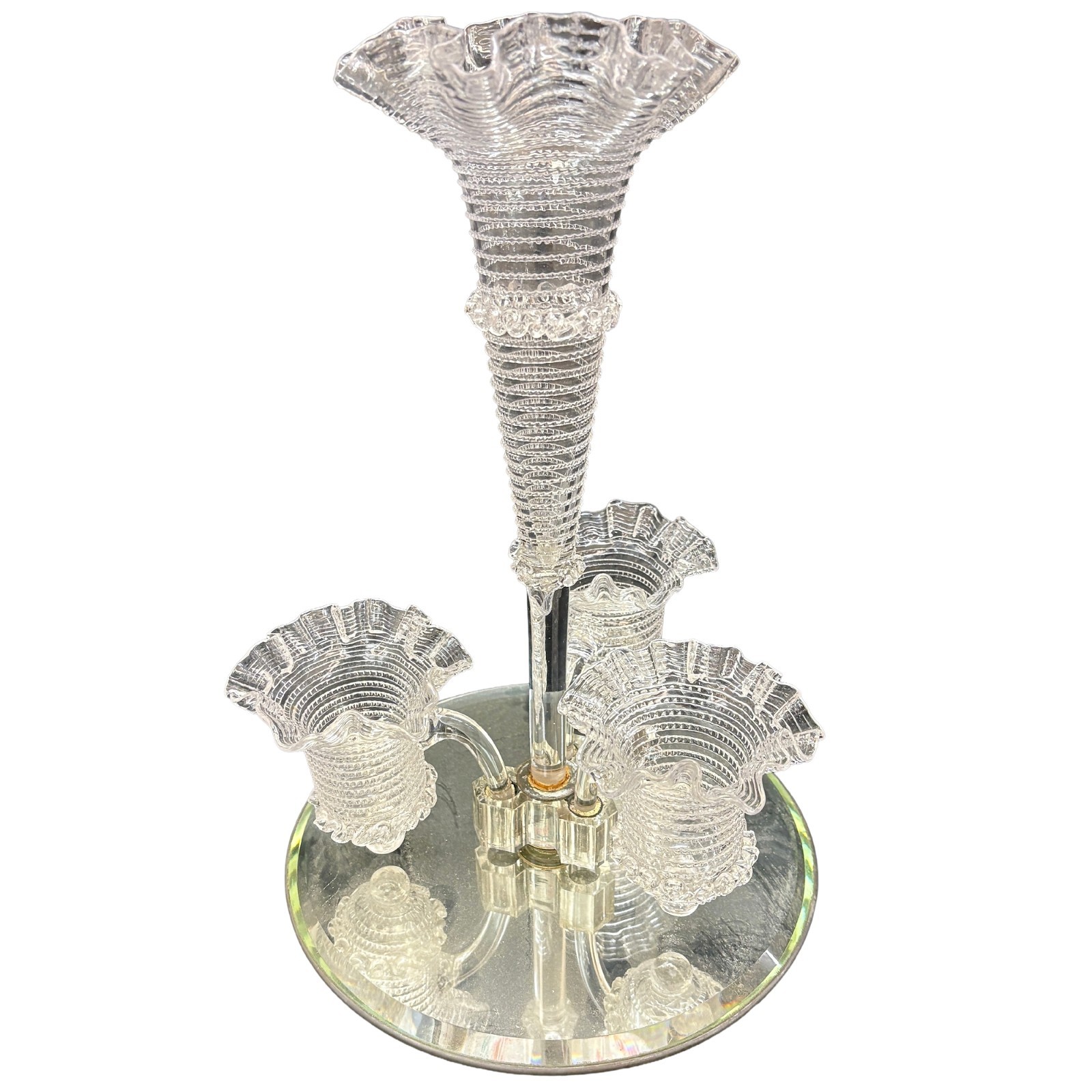 An unusual & large antique glass & mirrored Trumpet trailed Epergne 15\ An unusual & large antique glass & mirrored Trumpet trailed Epergne 15\