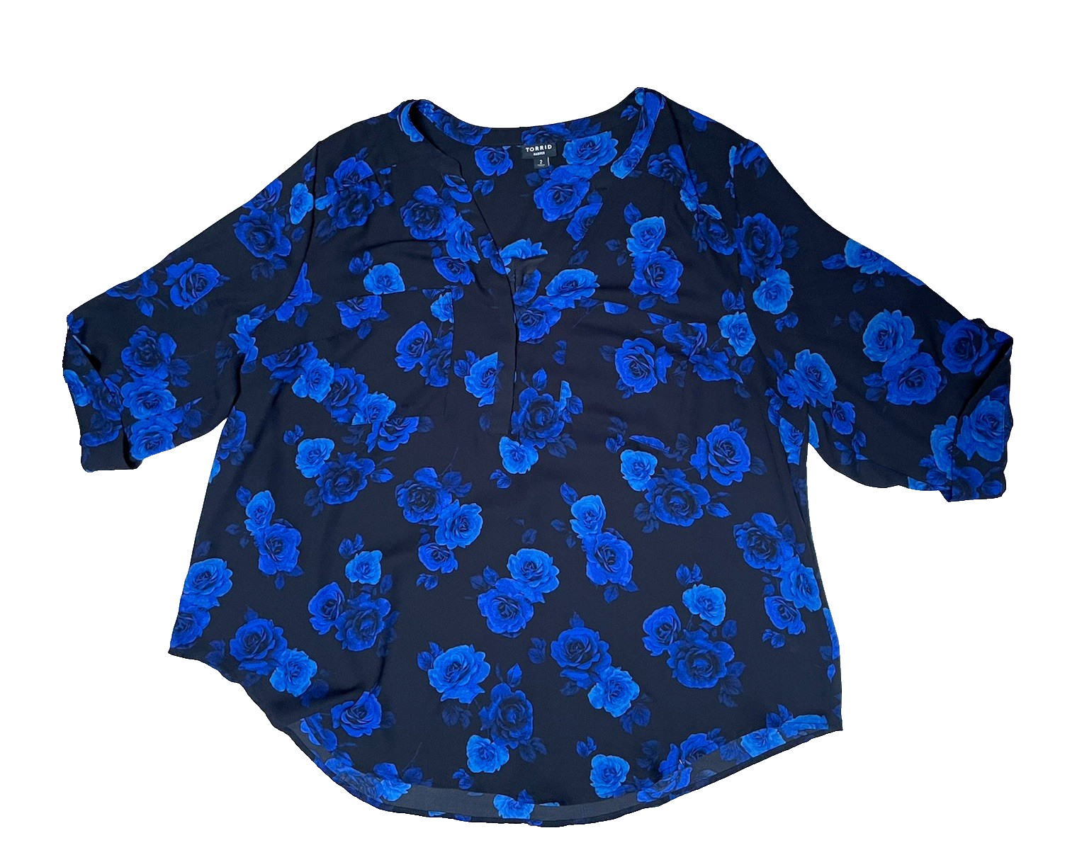 Torrid Harper Blouse Size 2 Black Blue Rose Floral Chiffon V-Neck Roll Tab Torrid Harper Blouse Size 2 Black Blue Rose Floral Chiffon V-Neck Roll Tab