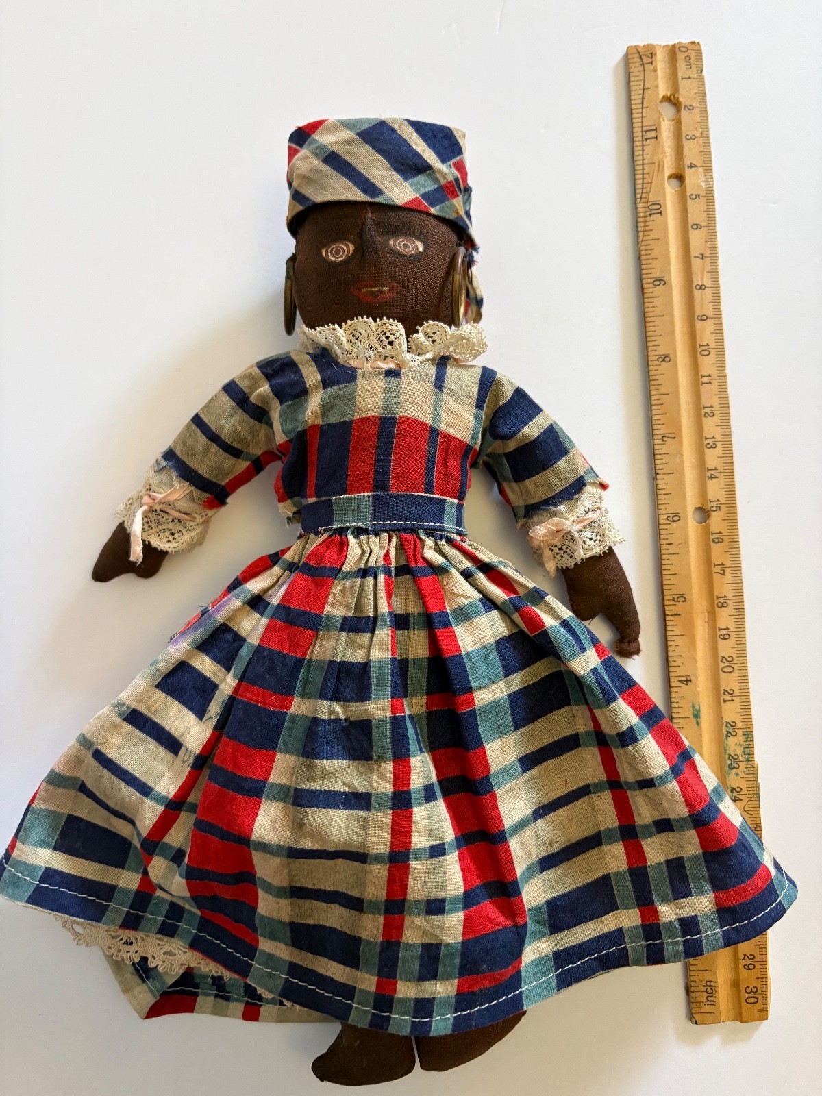 Handmade Black Cloth Doll With Earrings Early 1900s All Original 10 3/4\