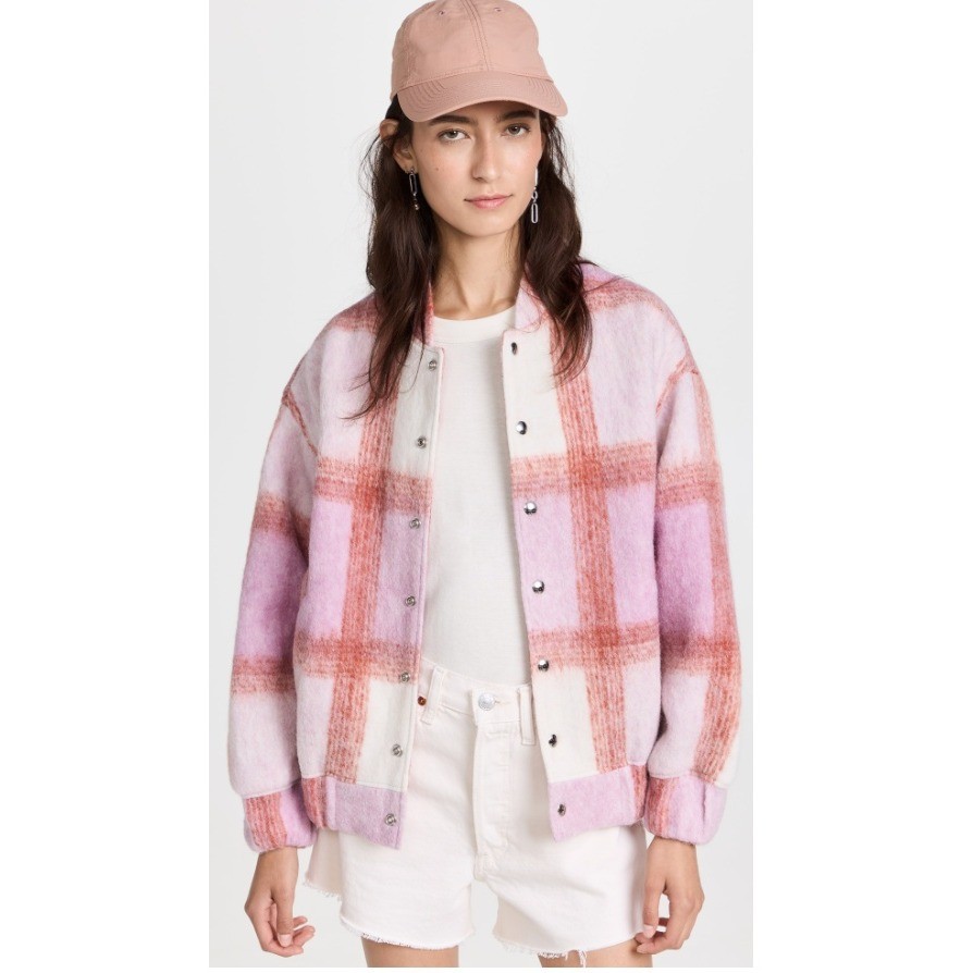 IRO Lahiana Pink Plaid Wool Blend Fleece Bomber Jacket Cropped FR Size 36 US 4 S
