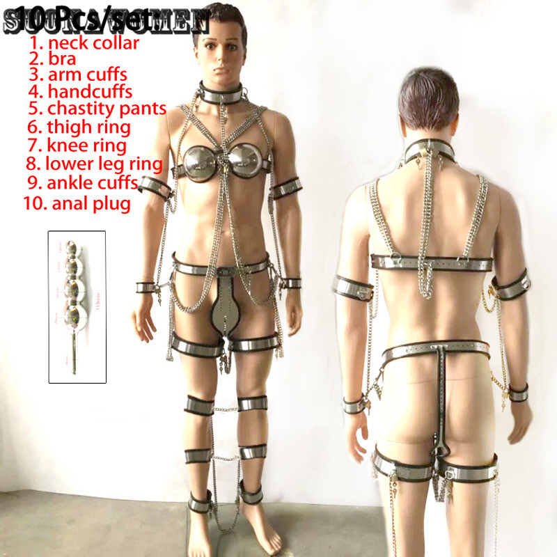 10pcs/set Stainless Steel Chastity Belt Collar Hand Ankle Cuffs Chastity Device