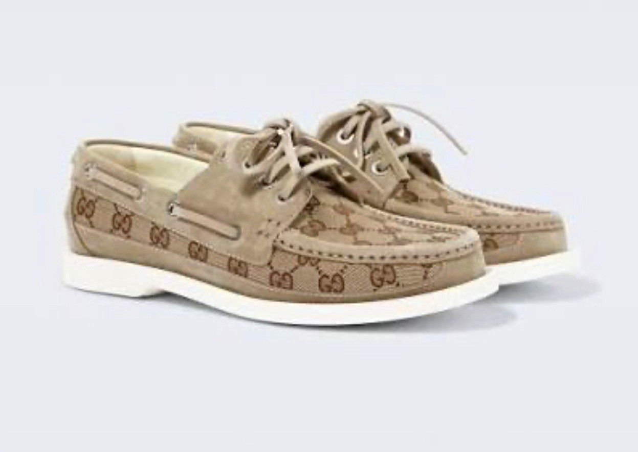 Gucci GG Monogram Canvas Boat Shoes Beige/Brown Lace Up Rubber Sole US 7.5
