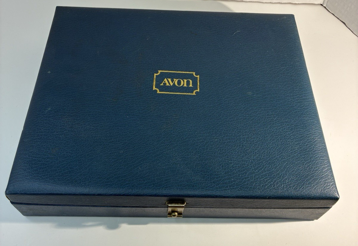VTG Avon Navy Blue Hardshell Jewelry Box Gold Logo Velvet Interior 10\