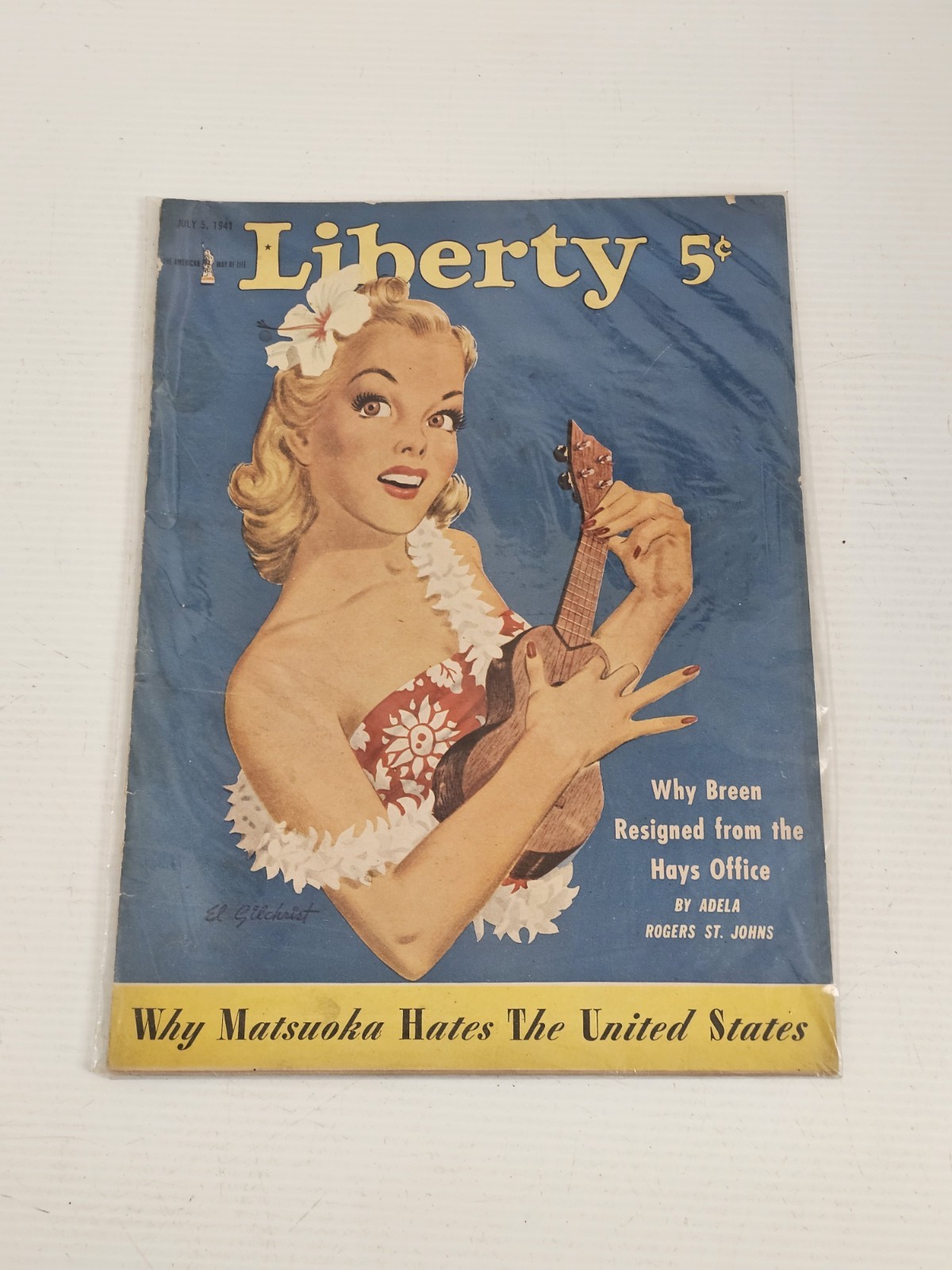 Liberty Magazine July 5 1941 Earl Gilchrist Cover Hawaiian Pin Up WWII Pre Pearl