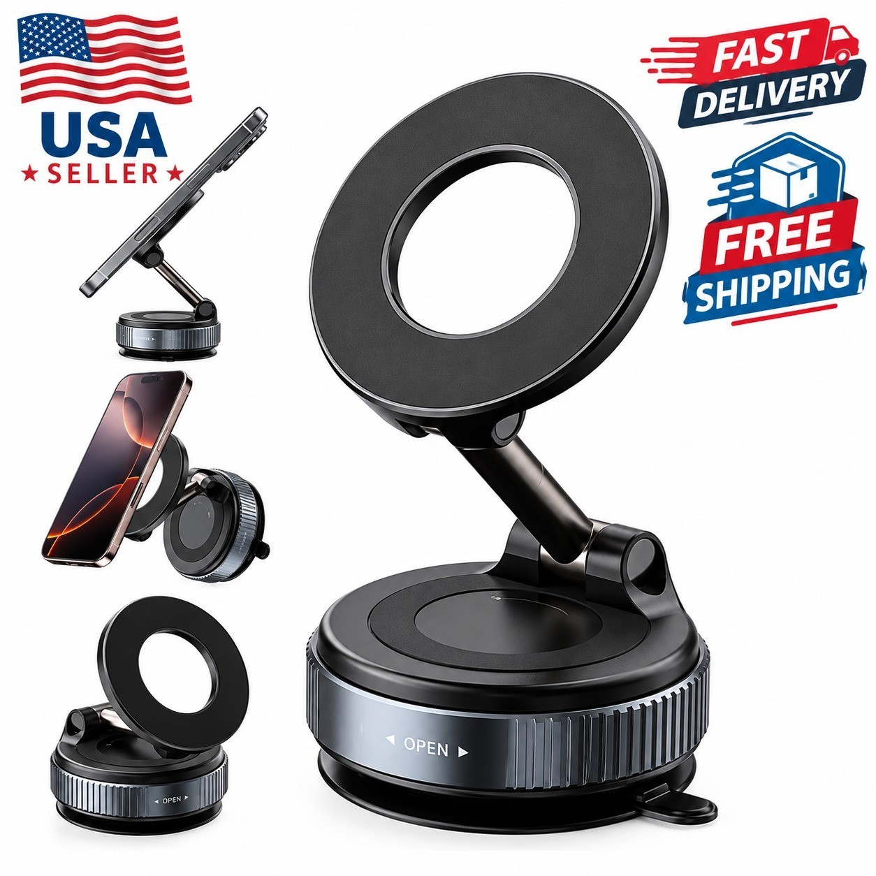 360° Adjustable Magnetic Suction Cup Car Phone Holder Mount for MagSafe