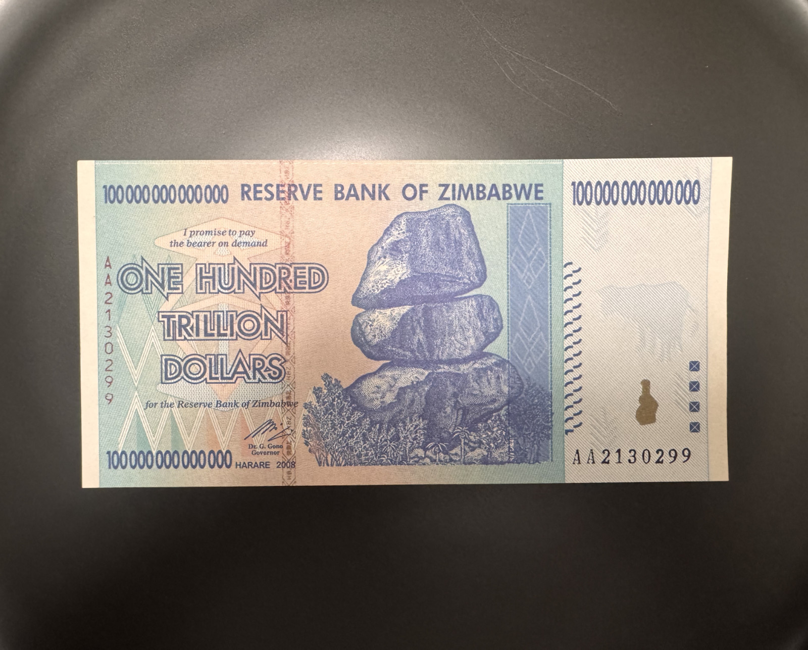 ZIMBABWE 100 TRILLION DOLLAR AA/2008 P-91 UNCIRCULATED BANKNOTE PRESALE 30-DAY