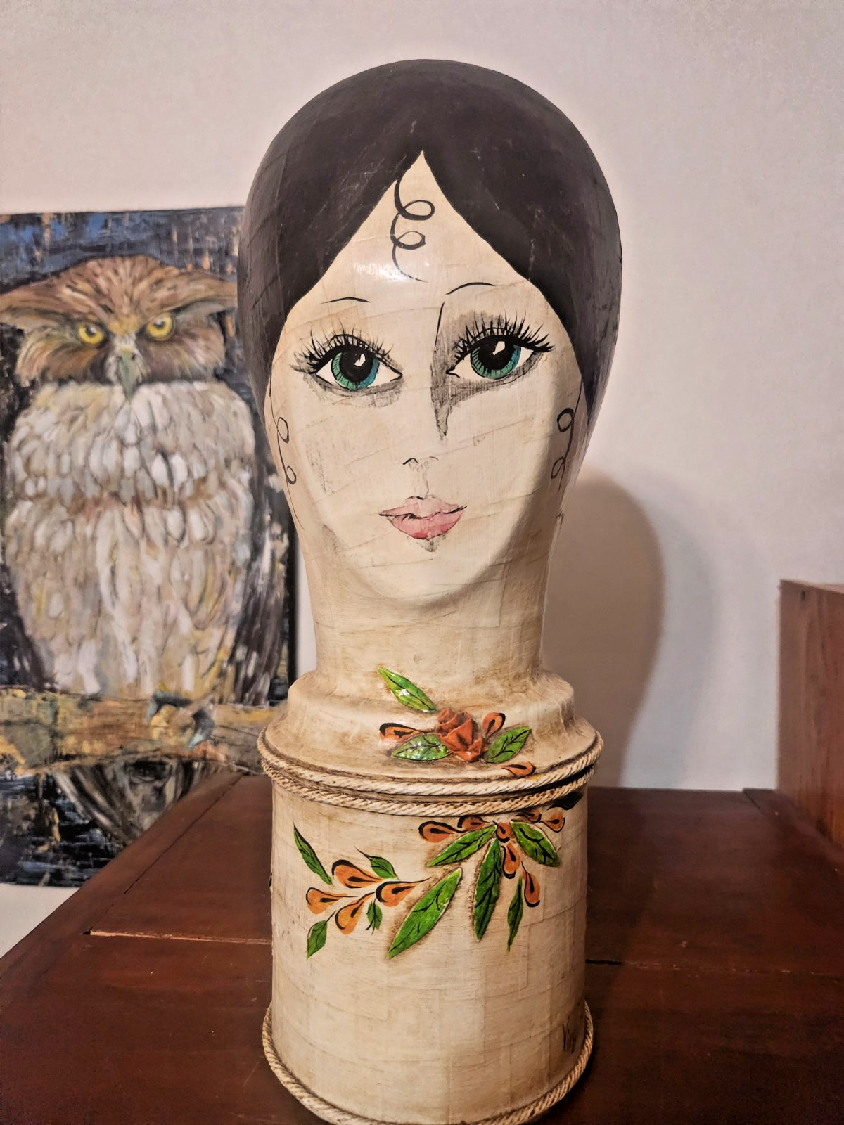 Rare Antique Folk Art Paper Mache Mannequin Woman\'s Hat Wig Stand - Virg. Roth Rare Antique Folk Art Paper Mache Mannequin Woman\'s Hat Wig Stand - Virg. Roth